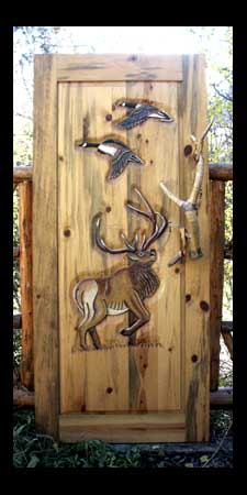Door with elk and geese, leather-wrapped antler handle