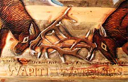 Closeup of the detail in the carving of Wapiti Warriors